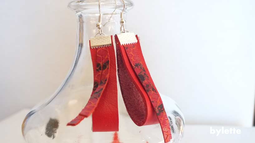 Long red leather earring